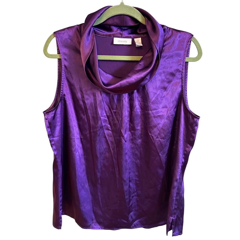 Chicos Purple Satin Cowl Neck Tank Top Sleeveless Blouse Size 2 Large‎ Stretch